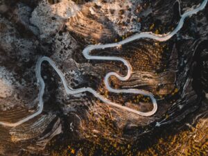 This is an aerial view of a winding path to represent consumer journey mapping.