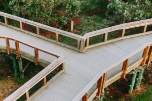 The picture shows a diverging wooden path to represent the to tenure or not to tenure choice.